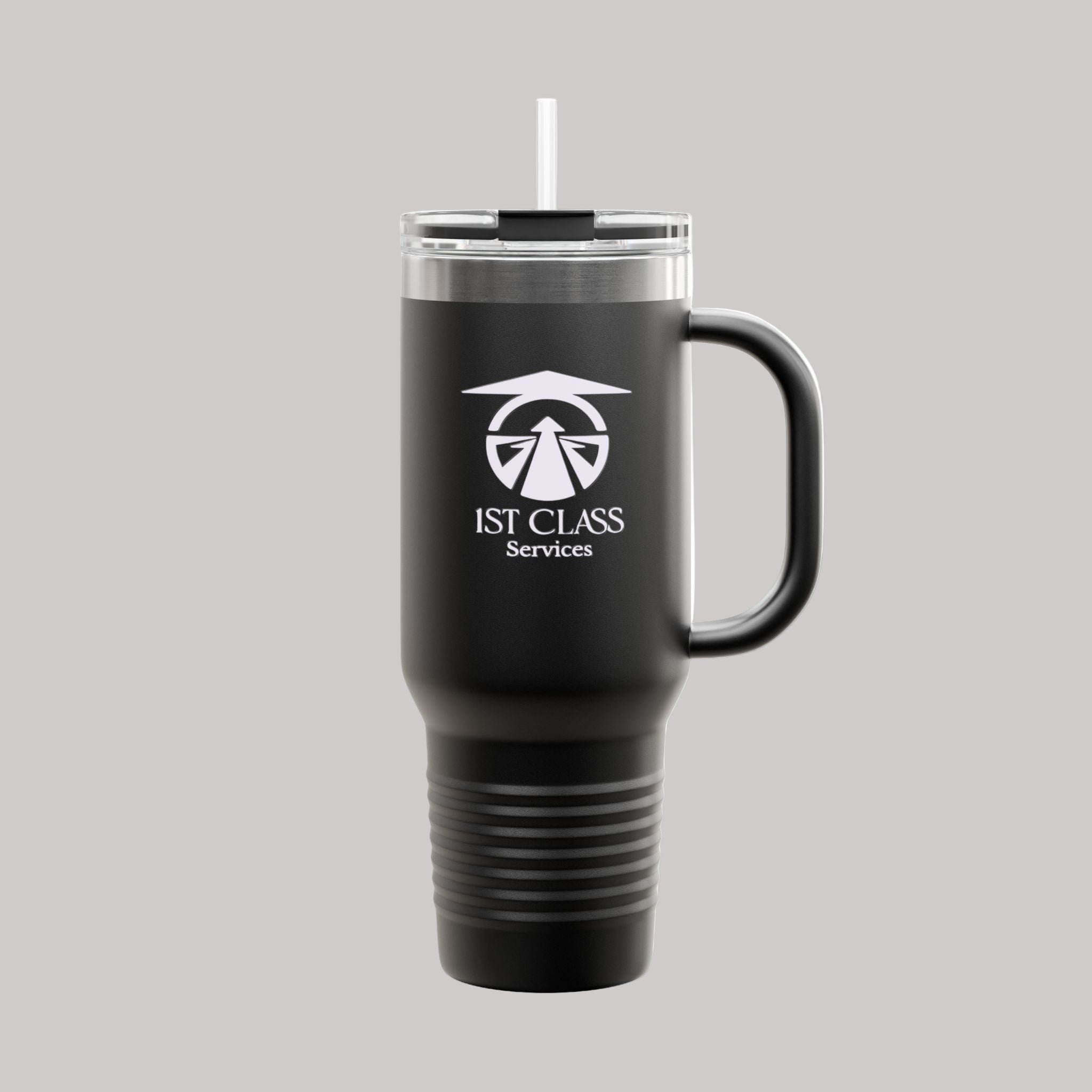 40oz Insulated Travel Mug with Handle — '1st Class Services' Logo, Double-Wall Stainless Steel Tumbler